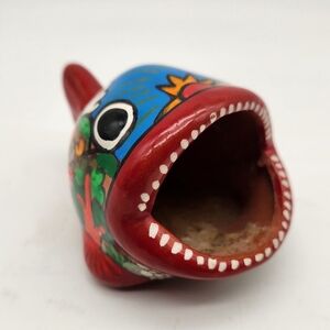 VTG Talavera Wide Mouth Fish Mexican Pottery Souvenir Hand Painted Folk Art 4”x7